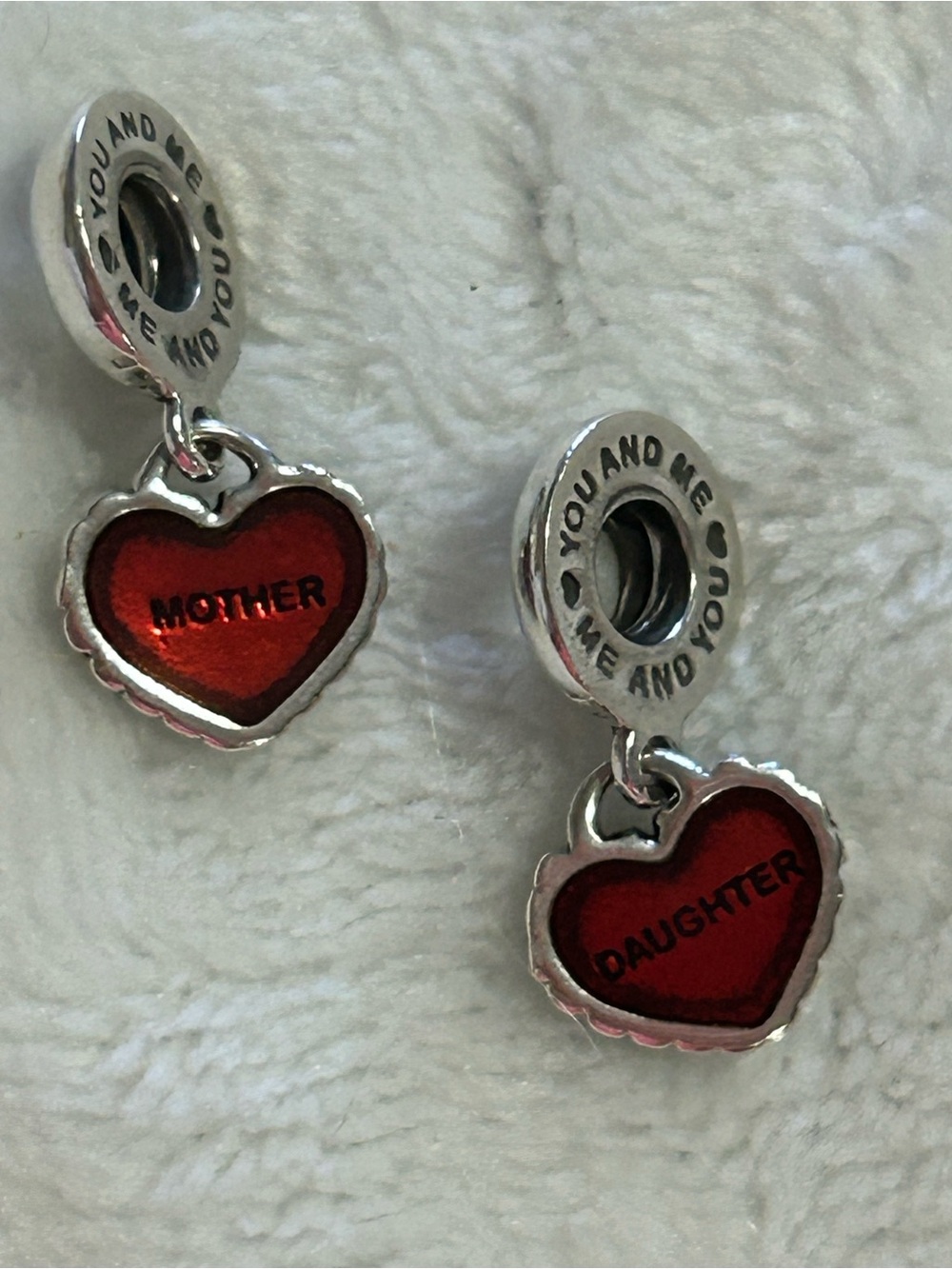 Pandora 925 sterling silver Red Heart 'Mother' and 'Daughter' Dangle Charms